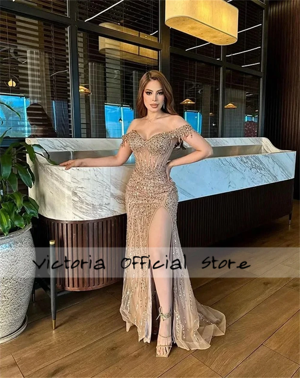 Sparkly Off The Shoulder Dubai Evening Dresses For Special Events Beaded Rhinestones Split Luxury Dresses Women 2025 Customized
