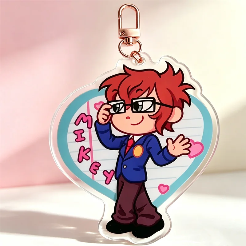 Cute Heart Shaped Chibi Boy Acrylic Keychain School Uniform Cartoon Character Pendant Pink Love Note Background Rose Gold Buckle