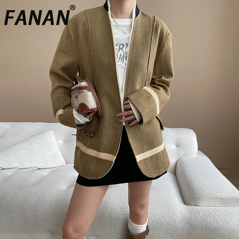 

FANAN элегантные контрастные цветные блейзеры, женские темпераментные куртки с v-образным вырезом и длинными рукавами на одной пуговице, новинка осени 2023 г.