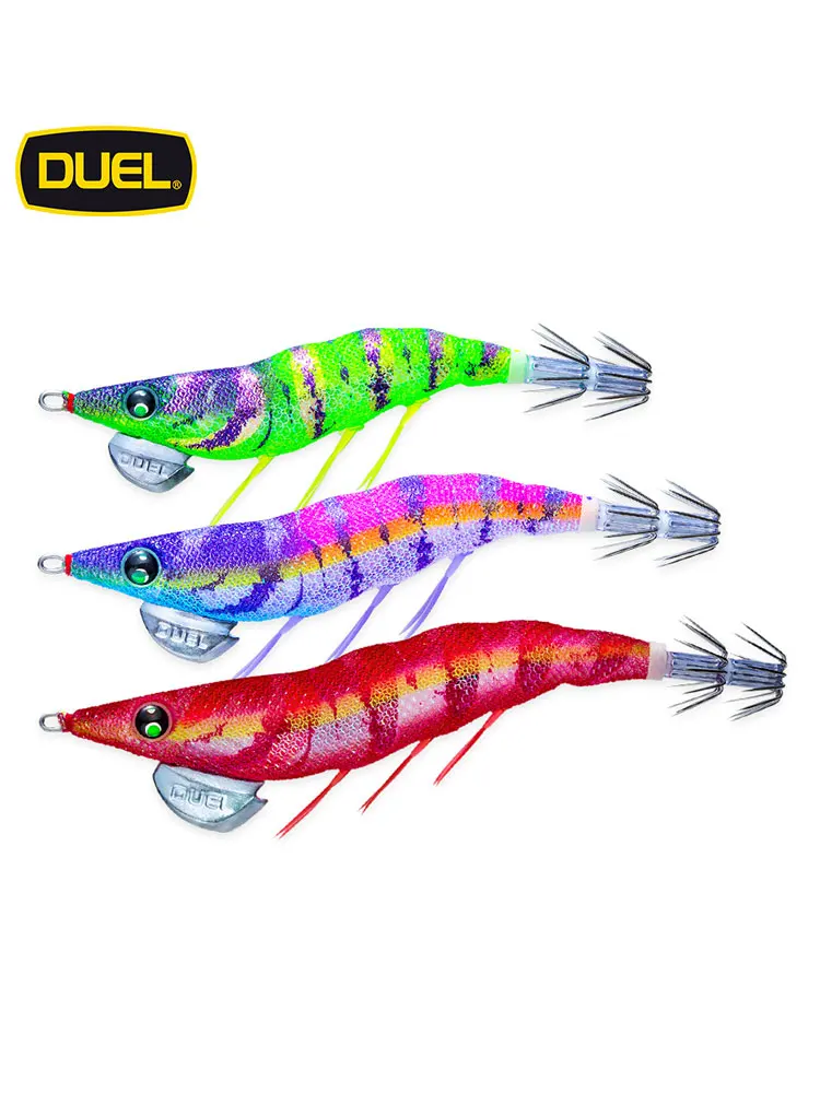 Japan DUEL  Ez-Q Luminous Simulation Wooden Shrimp Bait Squid Egi Jig Lure Hook Rocket Blower Hook Luya