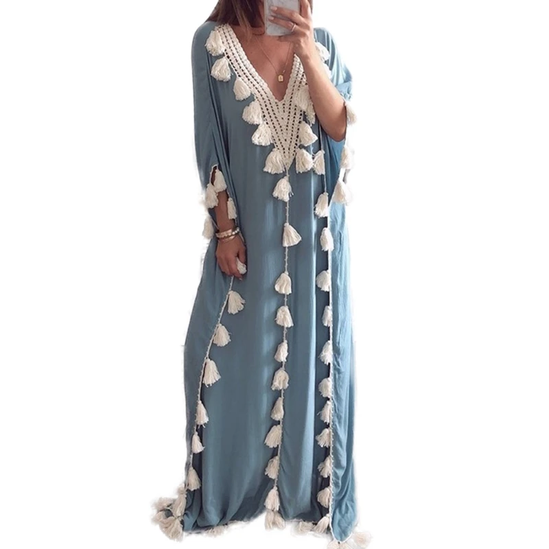 Womens árabe islâmico dubai kaftan meia manga sexy profundo com decote em v muçulmano maxi vestido longo robe borlas guarnição turquia casual solto acima