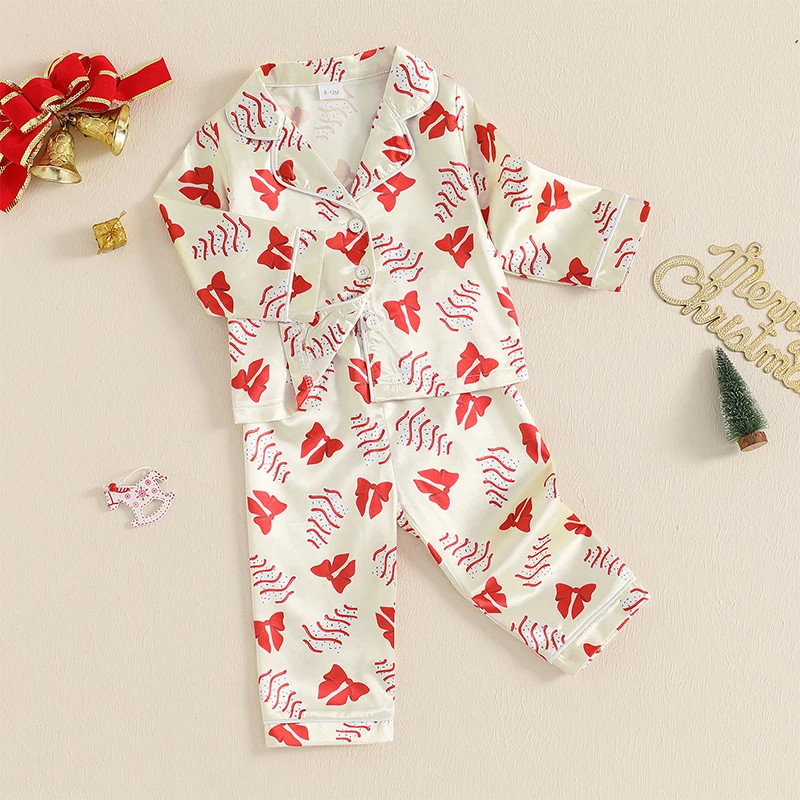 6M-4Y Ragazze Albero di Natale Fiocco Stampa 2 pezzi Pigiama in raso Pigiama Set Camicia con risvolto a maniche lunghe + Pantaloni in vita elastica Indumenti da notte