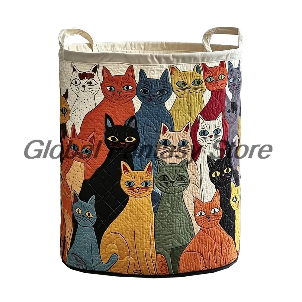 Art Style Colorful Cats Pattern Quilted Laundry Basket Clothes Foldable Storage Bin Home Organizer Hamper with Handles