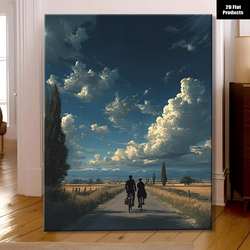 (No frame)2D Flat, 2D Flat, Wrapped Canvas Print in Blue, Green, Golden, Black, White Ready to Hang Bike Decor for Living Roo