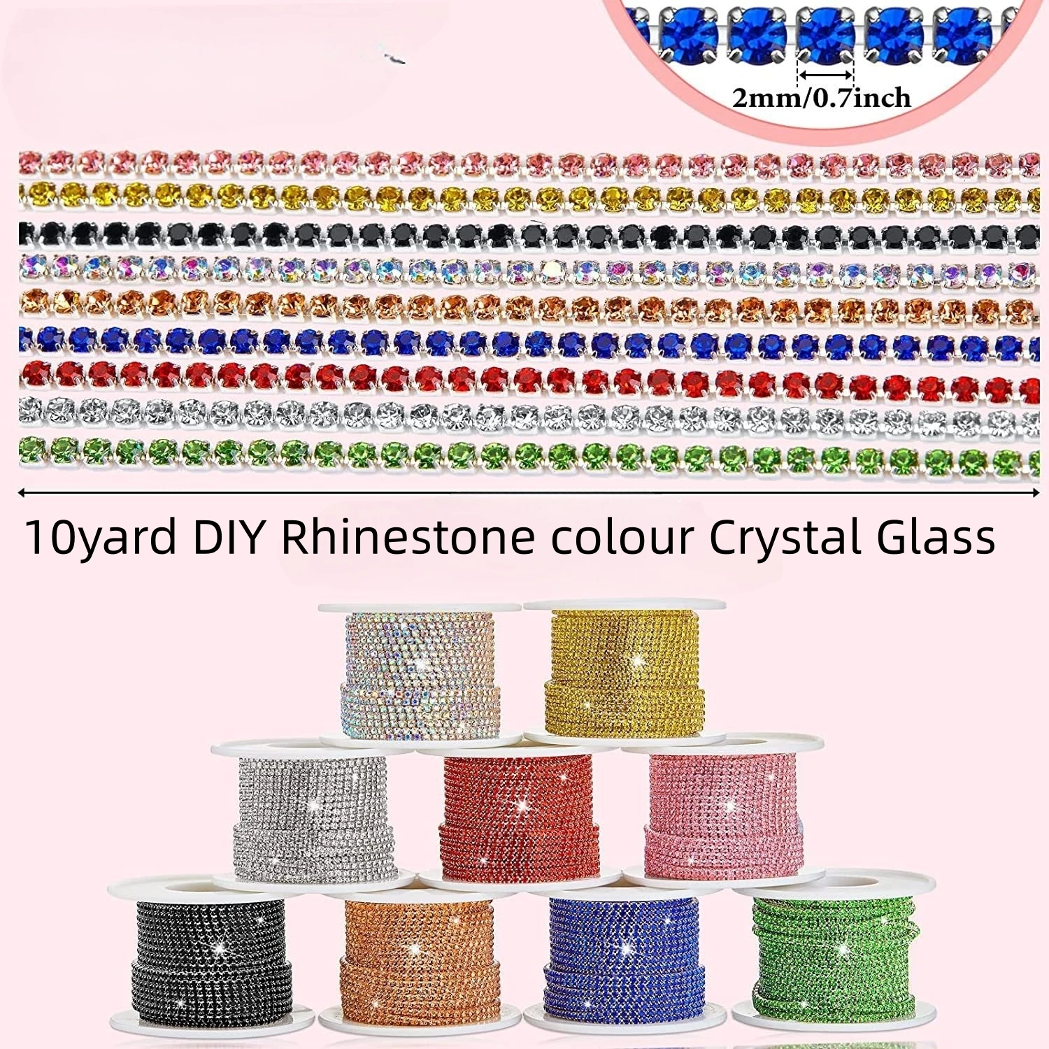 10yard DIY Rhinestone colour Crystal Glass rhinestone Silver bottomclaw close chain sewing Trim craft for Garment accessor
