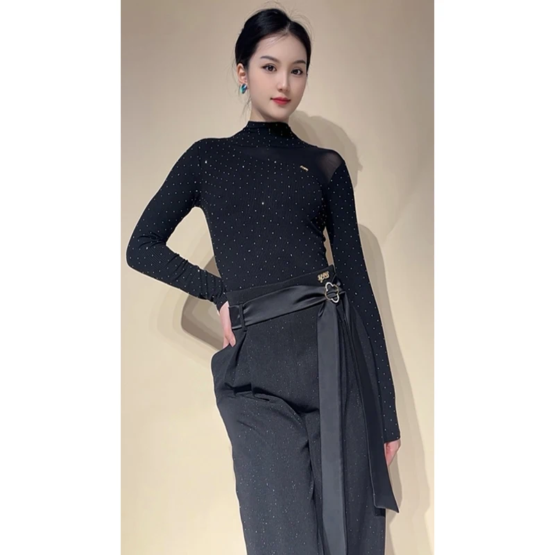 Pantalones de baile de salón con lentejuelas, pantalones de baile latino negros de cintura alta, ropa de actuación de baile de vals para mujer, pantalones de baile de Salsa L15770