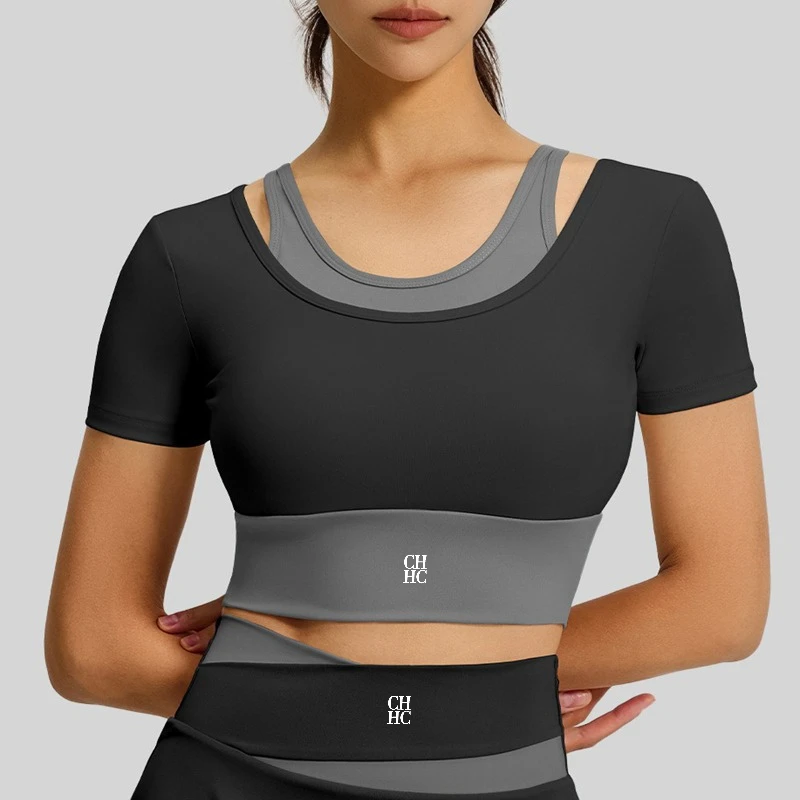 CH Women Tennis Skirt Set Short Sleeve Crop Top High Waist Pleated Skort Golf Outfit Yoga Workout Sportswear