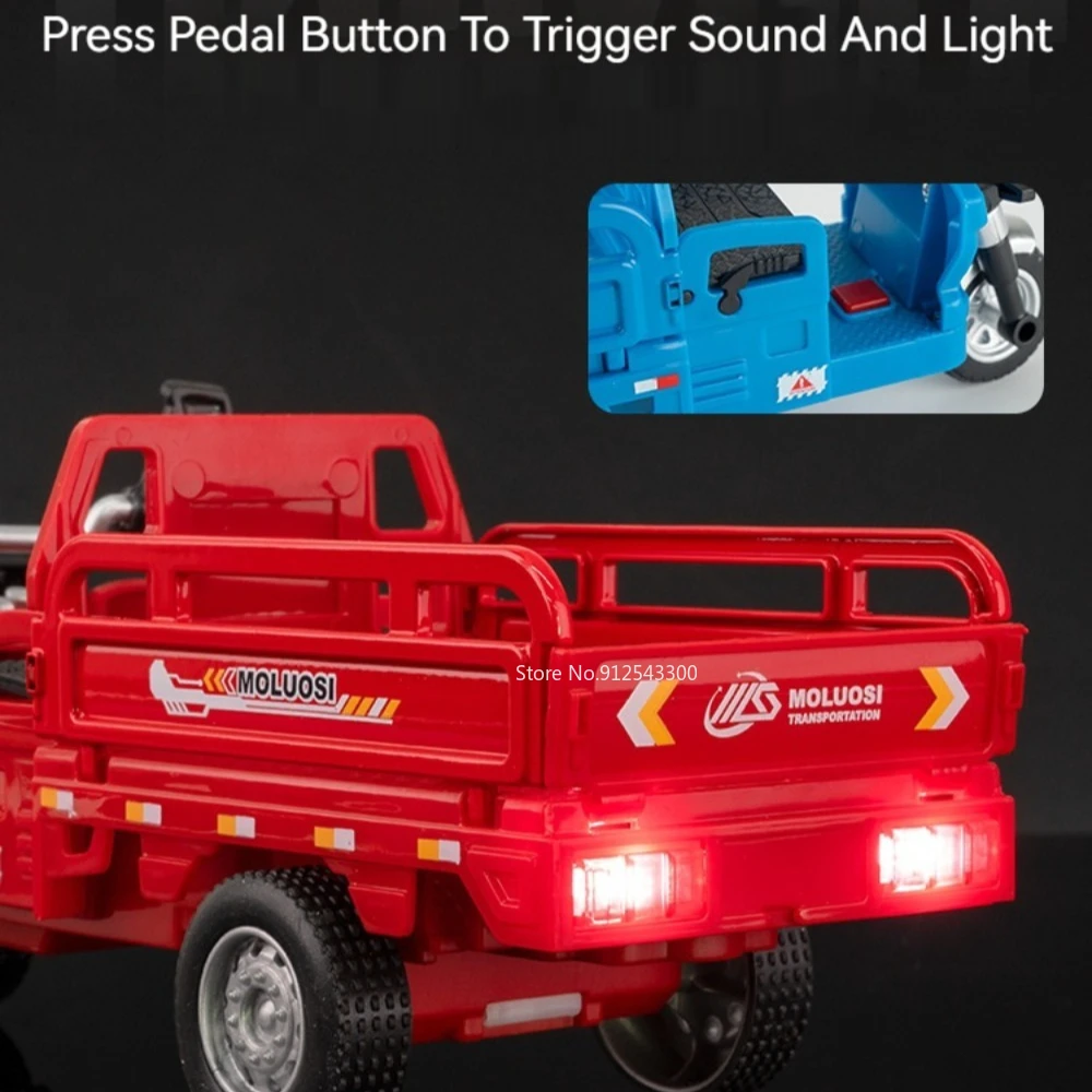 Modelo de triciclo de aleación a escala 1:15, coche de juguete con luz de sonido, modelos de vehículos de transporte fundidos a presión de Metal, adornos de regalos para niños