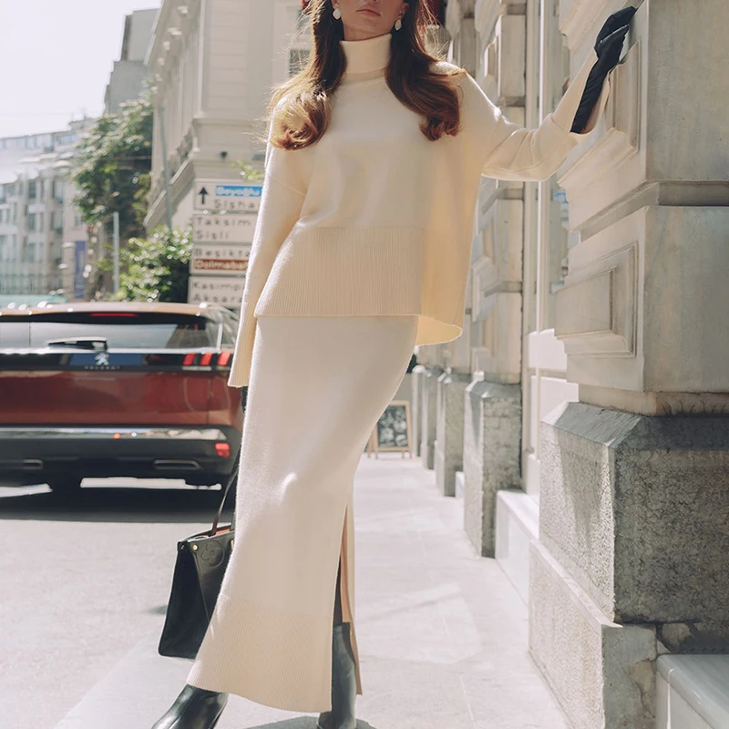 

Talenza Loose Slit Skirt Set Women's High Collar Sweater High Waist Skirt Set Female Fashion Elegant Office Lady Chic Dress Sets