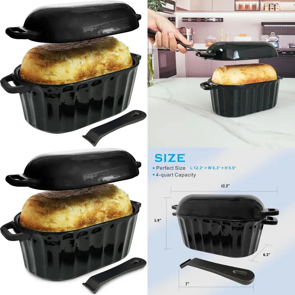 

Эмалированная чугунная форма для хлеба с крышкой, большая, тяжелая, овальная, 4 кварта, подходит для мытья в посудомоечной машине, черная