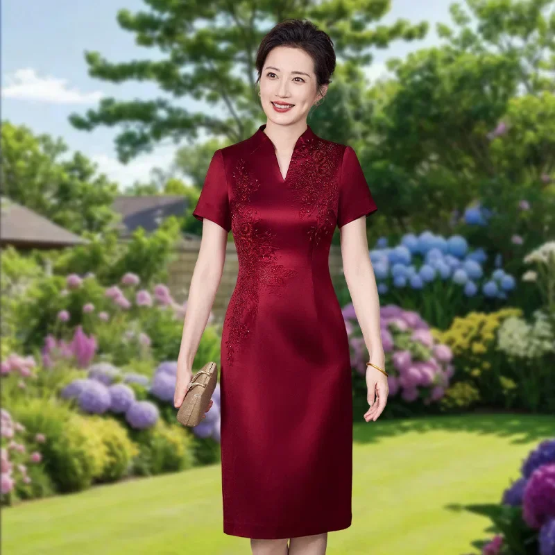 Mid-length summer dress, short sleeve, satin, Chinese style cheongsam, wedding, mother of the bride, evening dress