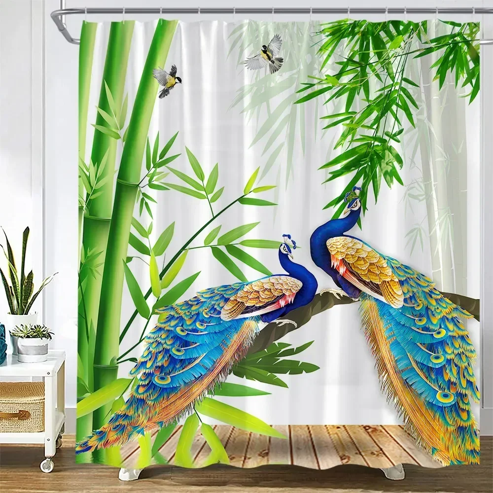 Peacocks Shower Curtain Green Bamboo Leaves Blue Feather Bird Brown Wooden Board Chinese Style Scenery Fabric Bathroom Decor Set