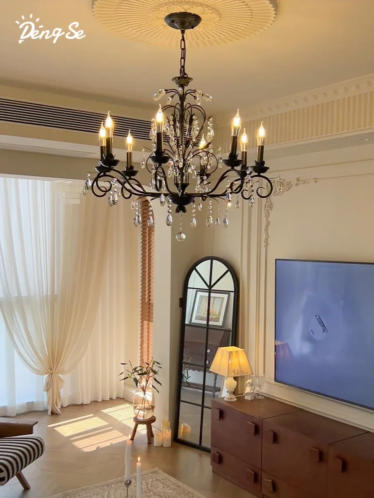

French black crystal chandelier American simple retro country living room atmosphere