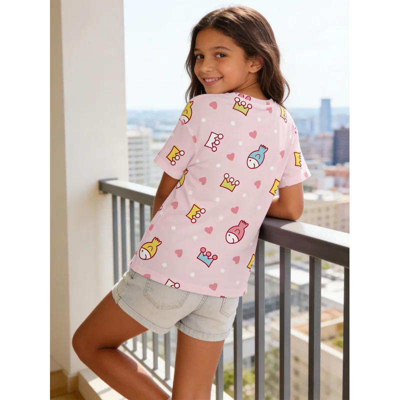 2026Girls' pink polka dot heart fish crown all-over print short-sleeve shirt T Shirt Casual top
