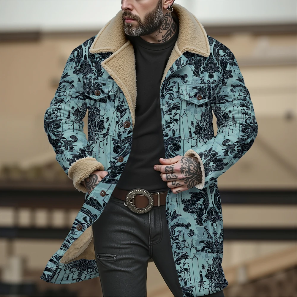 Men's Retro Patterned Jacket with Faux-Fur Collar Geometric Floral Design Button-Up Front and Side Pockets Autumn Winter Fashion