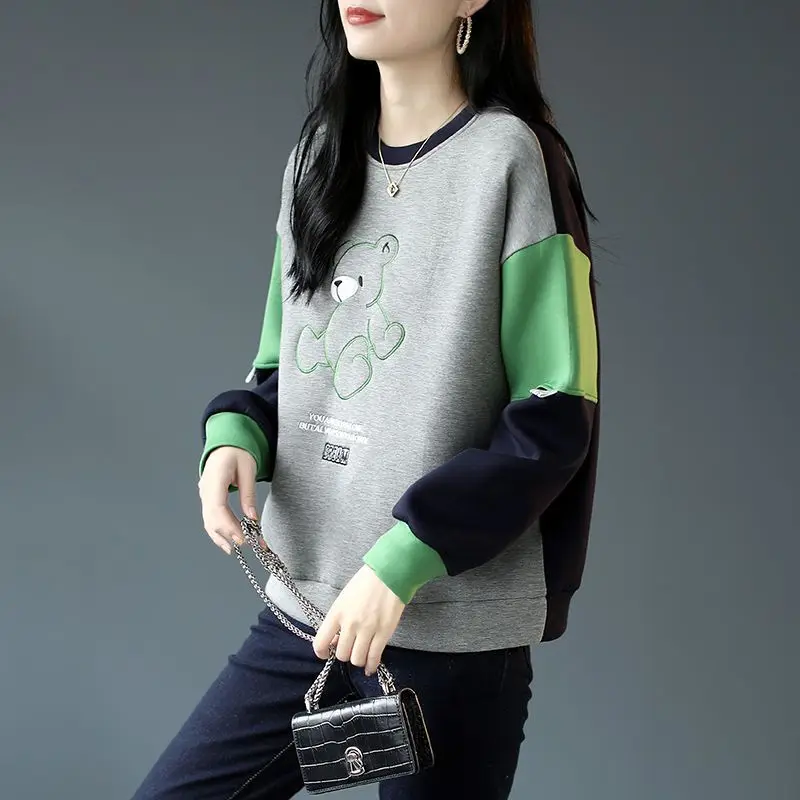 Autumn Winter Fashion Round Neck Women\'s Cartoon Sweatshirts Casual All-match Long Sleeve Contrast Color Tops Female Clothing