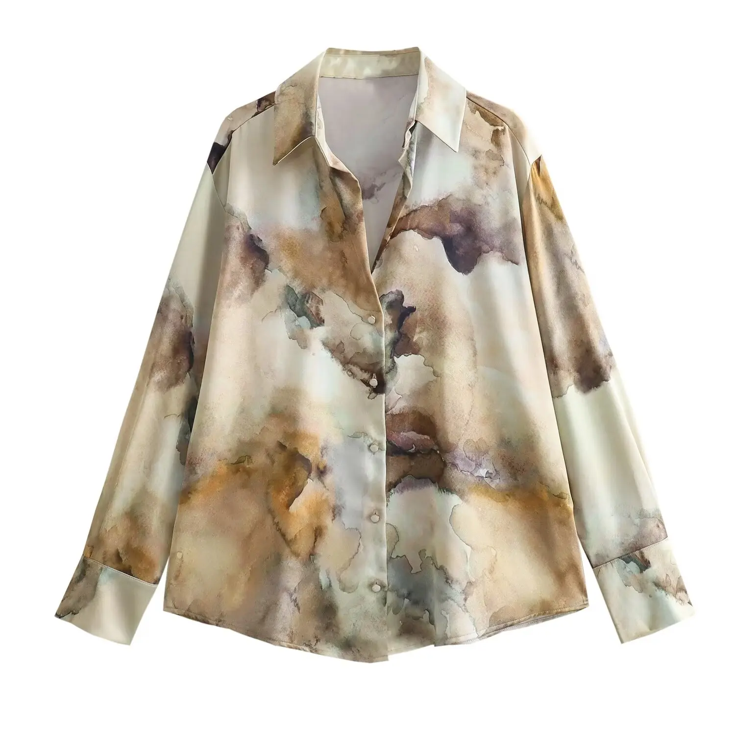 Tie-dyed Silk Satin Shirt for Women, Casual Versatile Top, Long Sleeved, Single Breasted, New