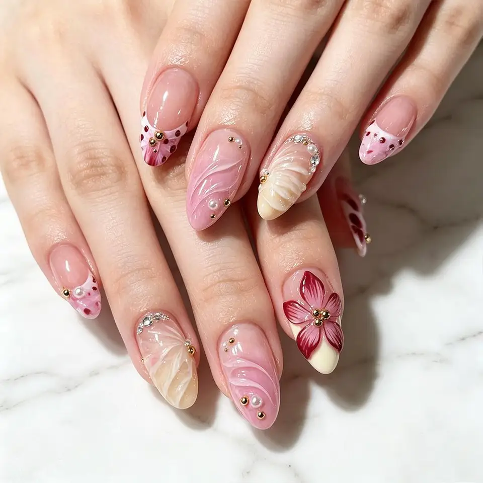 10 piezas de uñas postizas hechas a mano con flores 3D y cuentas doradas, color nude rosa, francesas, en forma de almendra, tallas M/S/XS, artificiales y reutilizables 5