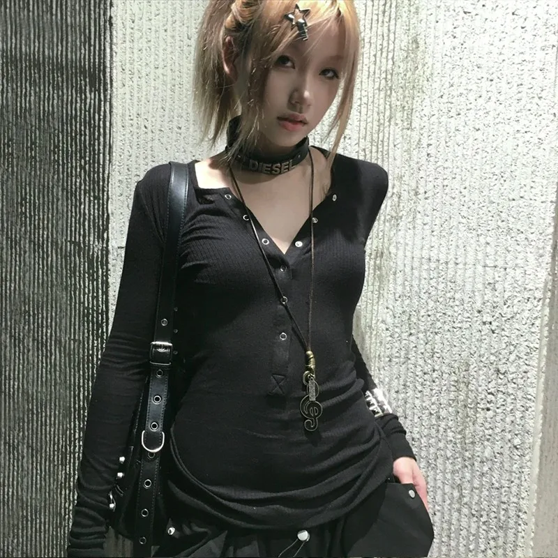 Karrcat Trashy Y2k 단추 티셔츠, 그런지 미학, 검은색 골지 상의, 고딕 빈티지, 하라주쿠, 긴팔 티셔츠, 미국 00 년대