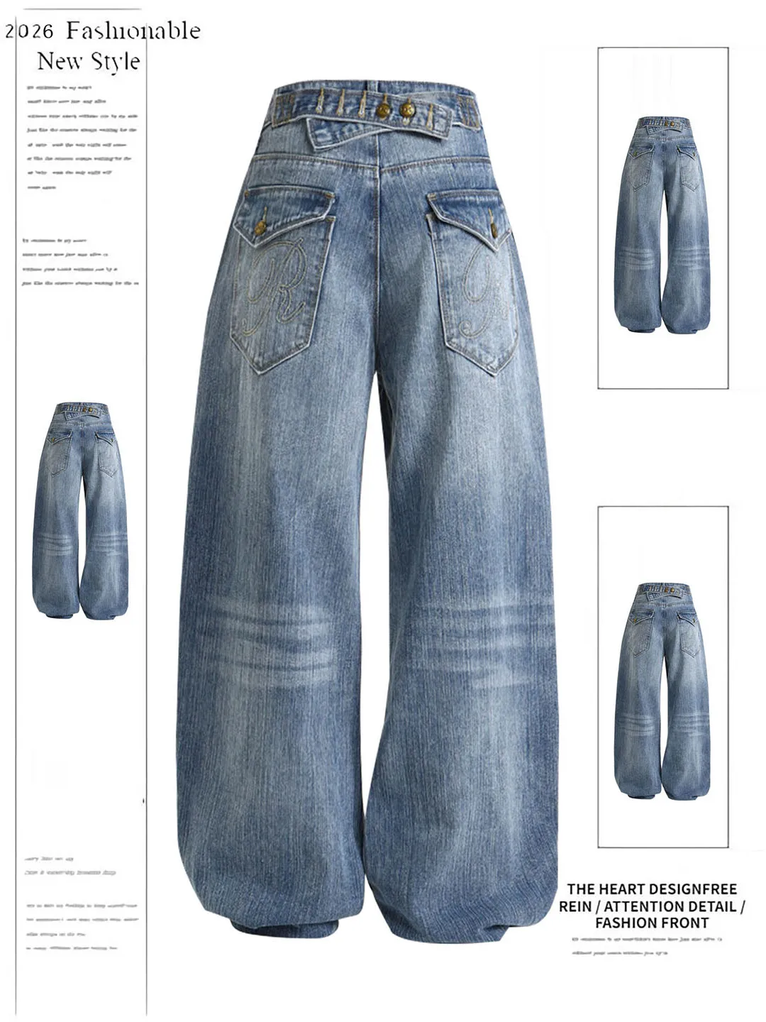 

Retro American Style Bamboo Node Denim Pants Women's Loose Casual Washed Straight Leg Wide Leg Long Pants Spring Season