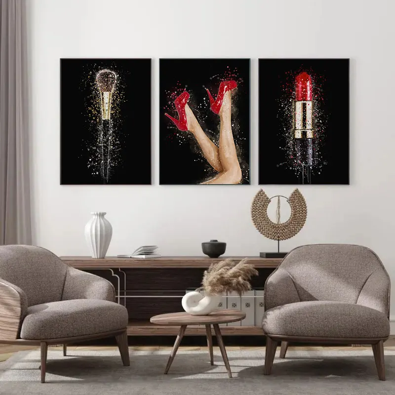 Girl Watercolor Gorgeous Goods High Heels Red Wine Lipstick Posters Canvas Painting Wall Art Picture Living Room Home Decor Gift