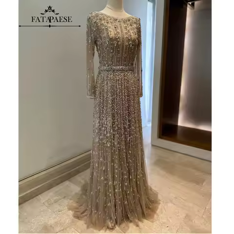 FATAPAESE Customized Luxury Saudi Evening Dresses Long Sleeve Fully Crystal Beaded Prom Dresses Sparking Wedding Guest Dress