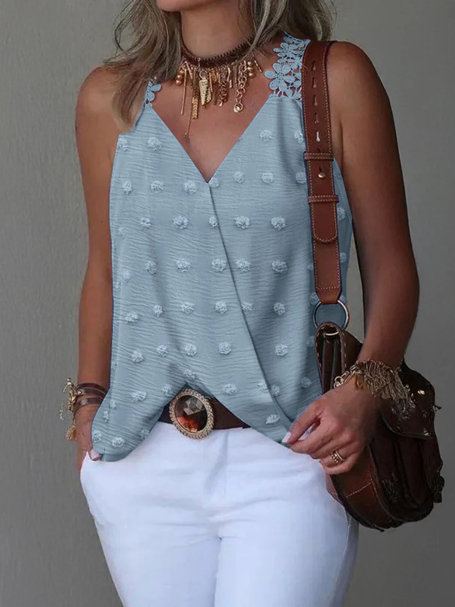 Damen-Tanktop mit V-Ausschnitt und Schweizer Punktmuster, Spitzenbesatz, lockeres Oberteil, lässiges Tanktop, Frühling, Sommer, schickes Tanktop, tägliches, leichtes Oberteil