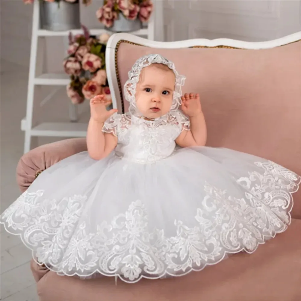 

Elegant Lace Christening Gown for Baby Appliques Pearls Short Sleeve First Communion Dress Infant Toddler Girls Baptism Dress