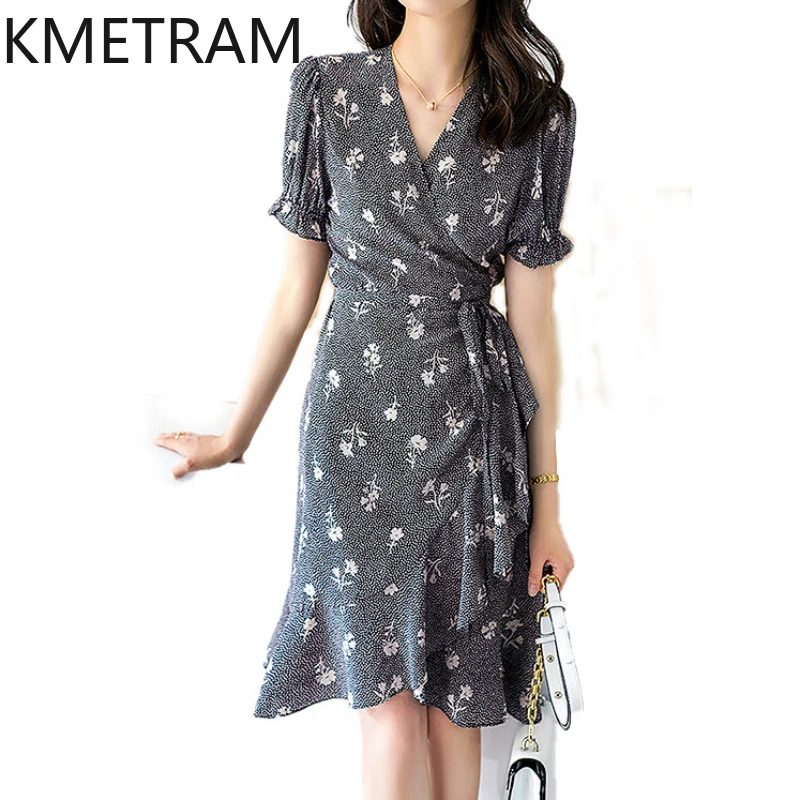 

KMETRAM 100% Mulberry Silk Floral Dress for Women 2024 Fishtail Tea Break Skirt Summer French Knee-length Dresses Waist Slim