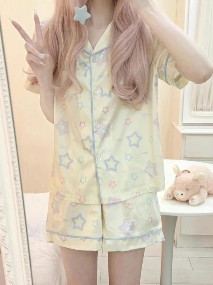 夏-y2k-ミレニアムサブカルチャーかわいいスターパジャマセット女性のホーム服半袖ポロネック薄い生地ショートパンツ