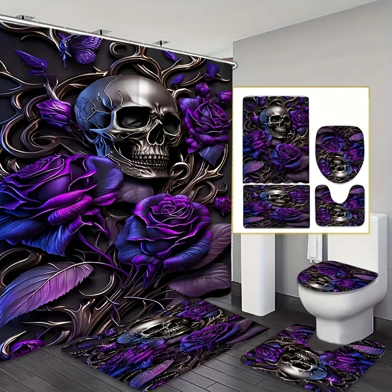 

Elegant Gothic Skeleton Rose Bathroom Set - Waterproof Curtain, Toilet Lid, Soft Bath Mat, and Contour Mat