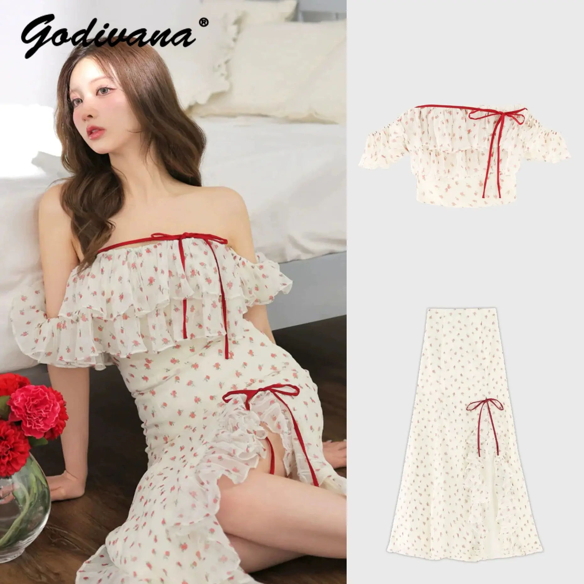 Japanese Style New Summer Ladies Sweet Ruffled Edge Strapless Floral Top High Waist Split Long Skirt 2 Piece Elegant Skirt Suits