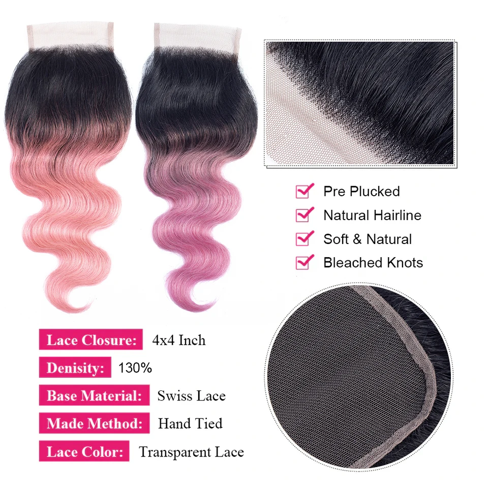 4x4 dentelle fermeture cheveux humains Ombre 1B gris rose vague de corps fermeture brésilienne vague de corps Remy cheveux humains 14 pouces fermeture cheveux humains