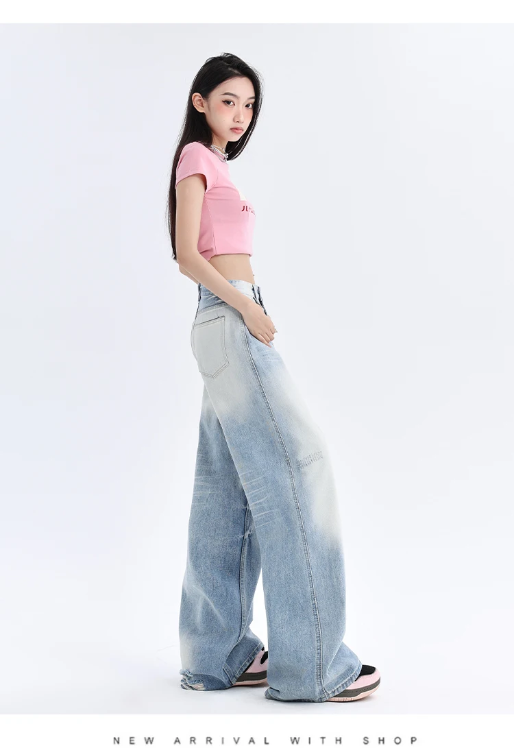 CHIC Ins Summer Autumn Vintage Bleached Women Denim Jeans Pants American Street  Girls Long Wide Leg Trousers Drop Shipping