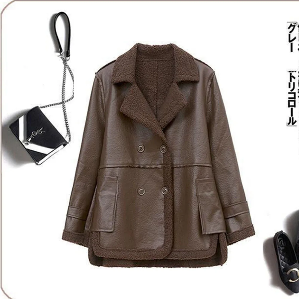 Nowa modna kurtka skórzana damska z futrem na obu stronach, ocieplana grubym aksamitem, idealna na jesień i zimę 2025.