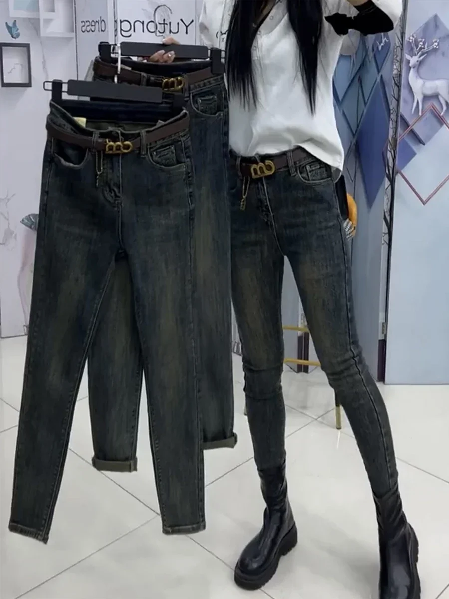 

Y2k женские джинсы прямые джинсы женские большие размеры осень/зима флисовые утолщенные тонкие эластичные укороченные брюки-карандаш с высокой талией