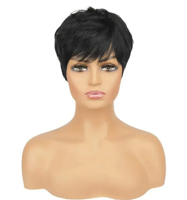 Wig Human Hair Wigs 100% Human Hair Wig with Bangs Natural Short Black Wig Layered Wavy Wig for Women