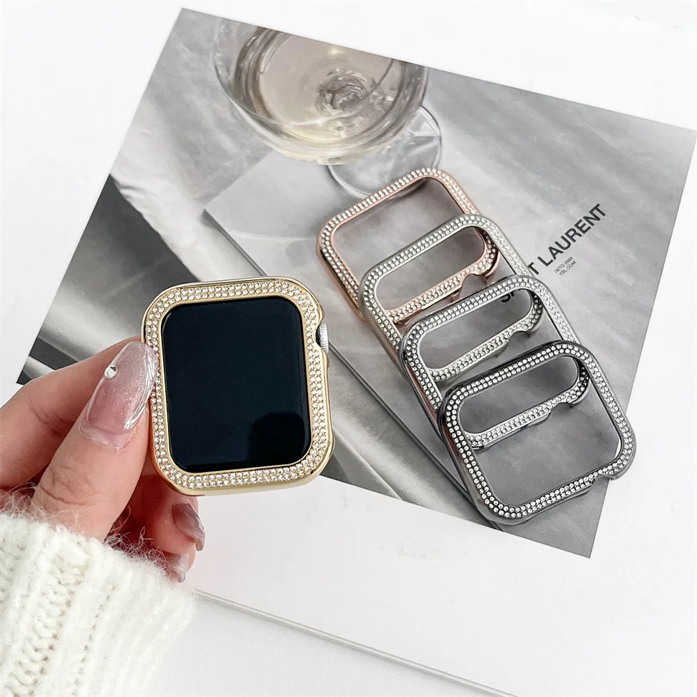 

Металлический бампер с бриллиантами для Apple Watch, защитный чехол 40 мм 44 мм, рамка для iWatch 4 5 6 SE 7 8 9 41 мм 45 мм, чехол для часов