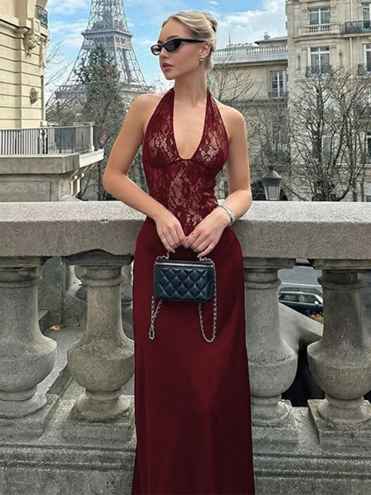 FDYOUI, vestidos de noche elegantes de satén con retazos de encaje para mujer, cuello Halter, espalda descubierta, túnicas de cintura alta, vestido largo de fiesta de cóctel 2026