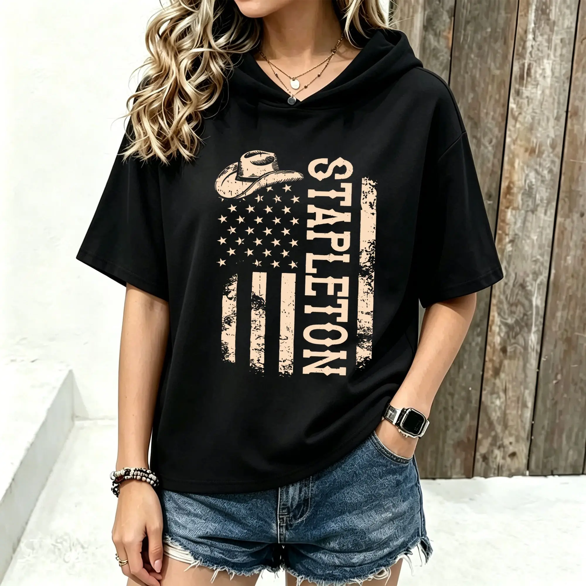 Women Short Sleeve Hooded T‑Shirt Western Cowboy Hat American Flag STAPLETON Letter Graphic Print Spring Summer Loose Hoodie Tee Streetwear Casual Short Sleeve Hood Tops