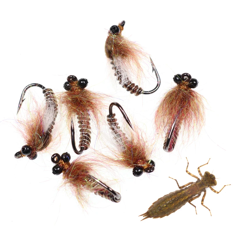 Wifreo 6PCS/Lot Fly Fishing Dragonfly Nymphs Brown on Number #8 Dry Fly Hook Trout Bass Panfish Fishing Lure Flies