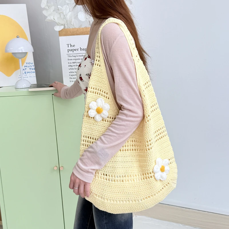 3D-Blumen-Hohlstrick-Umhängetasche, Koreanische Damen-Handtasche in Süßer, Niedlicher Einfarbiger Ausführung, für Pendeln und Freizeitreisen – Detail 8