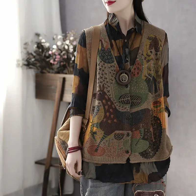 Vintage Women Sweaters Cardigan Vest Spring Autumn New V-neck Sleeveless Fashion Loose Female Korean Clothing Casual Tank Top