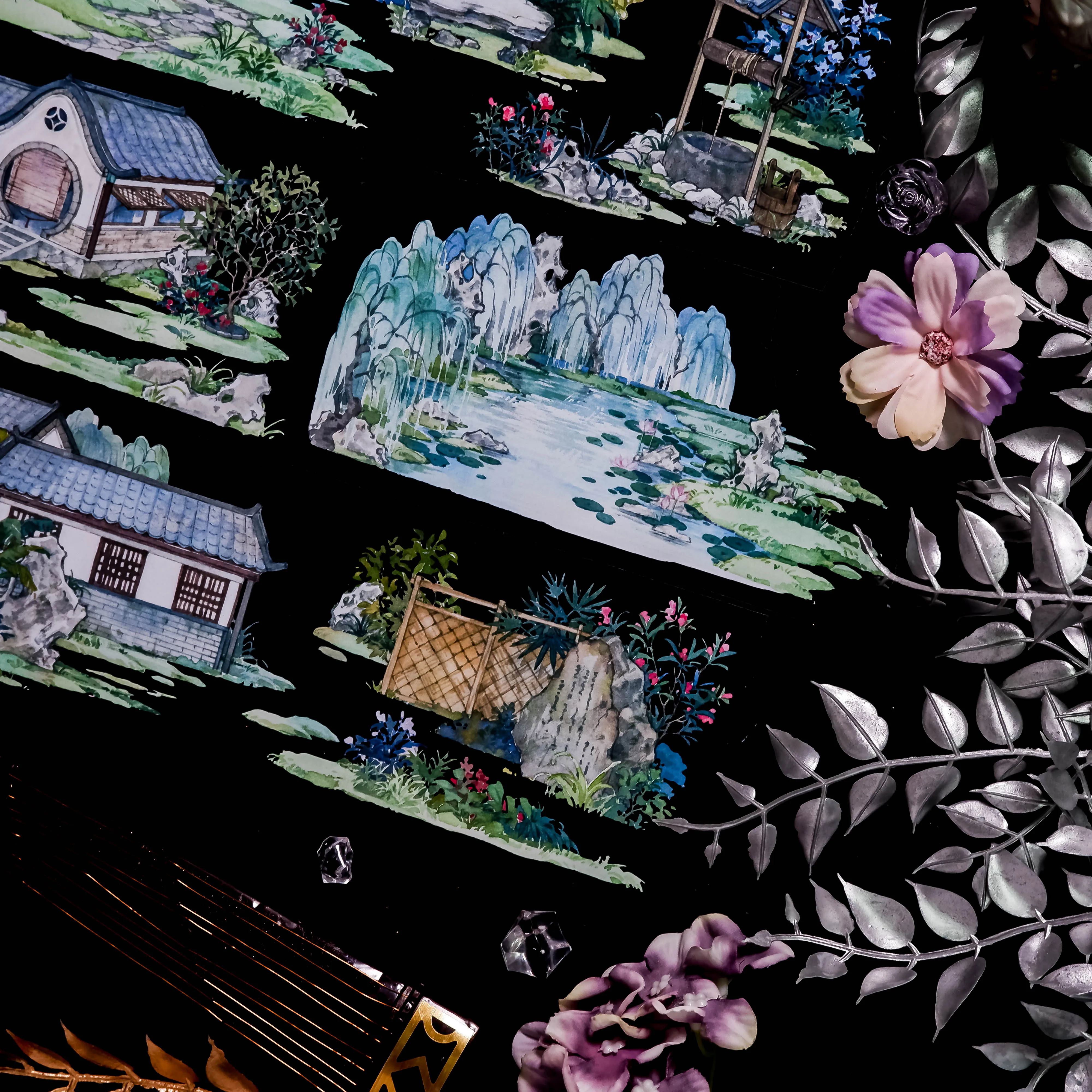 5M Roll Landscape Ancient Garden Chinese Washi Pet Tape Journal Decoration Courtyard Four Seasons,