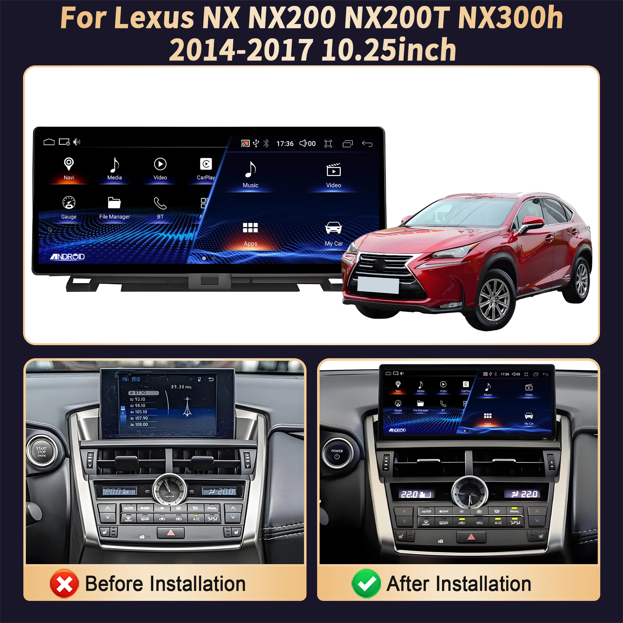 10.25inch For Lexus NX NX200 NX200T NX300h 2014-2019 Android 14 Car Radio Multimedia Wireless BT Carplay Snapdragon 668S Screen