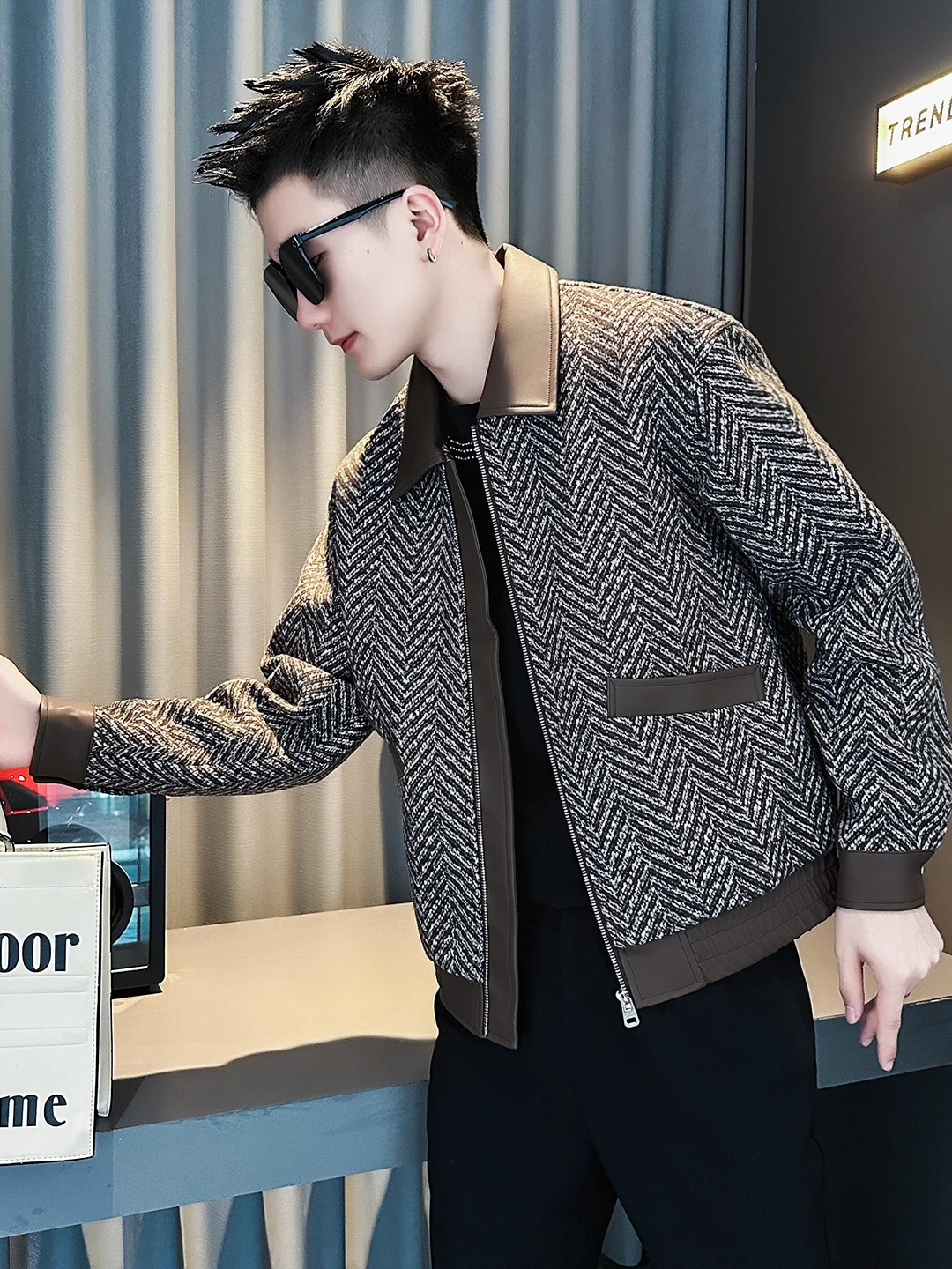 

Ele мужская шерстяная куртка, модная повседневная одежда с кожаным воротником, осень-весна, Новое поступление, верхняя одежда для молодых мужчин