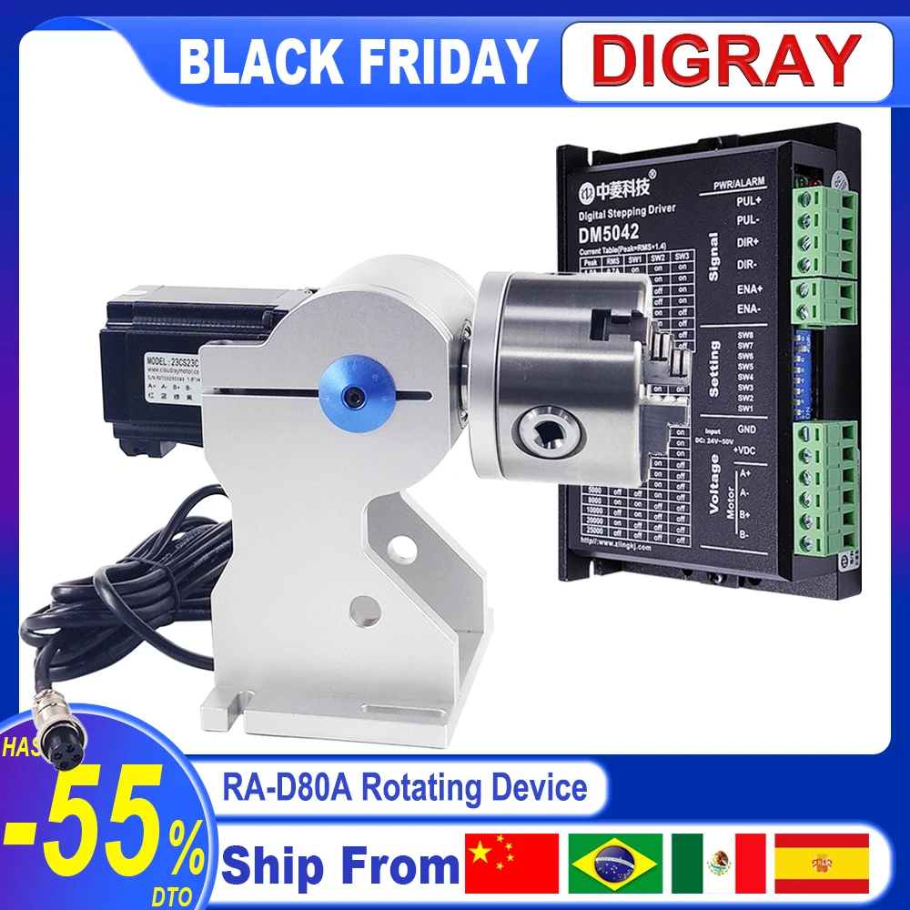 DIGRAY Rotary Attachment RA-D80A Rotary Device with Three Chuck +DM5042 Driver for UV CO2 & Fiber Laser Marking Machine