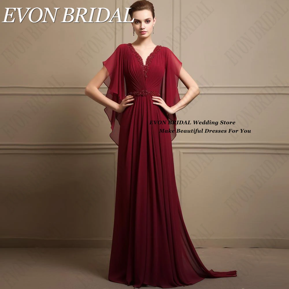 EVON BRIDAL Chiffon Mother Of The Bridal Dresses A-Line V-Neck Beading robes invitée mariage Wedding Guest Dresses Short Sleeves