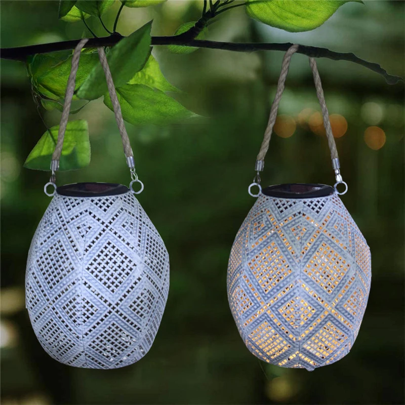 

Solar Powered Outdoor Personalized Hollow Lantern Waterproof Wrought Iron Lamp Imitation Fabric White Patterned Atmosphere Lamp