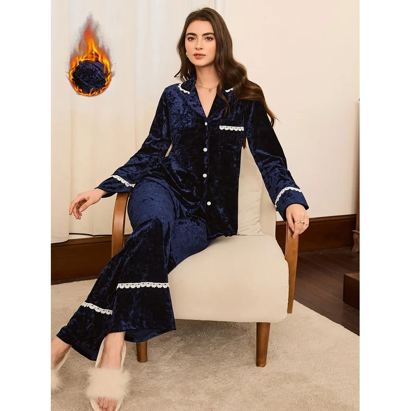 Lace Trim, Lapel, Elegant French Style, Long Sleeve And Pants, Women'S Pajama Set